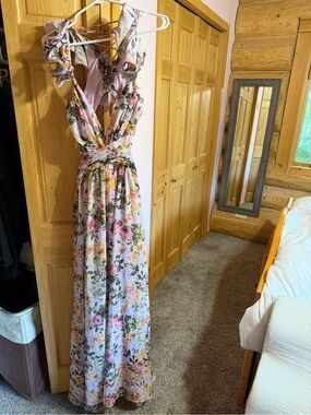 SHEIN Pink Floral Maxi Dress with Ruffled Straps